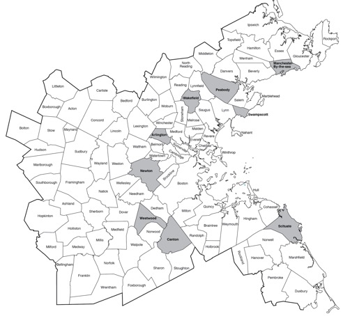 This figure is a map of the 101 municipalities in the Boston MPO region. Nine municipalities which provided student travel data are highlighted. The highlighted municipalities are Newton, Arlington, Manchester-by-the-Sea, Scituate, Wakefield, Westwood, Swampscott, Peabody, and Canton.